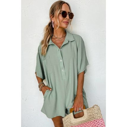 Spinach Green Half Button Collared Loose Romper