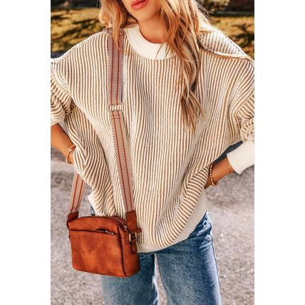 Chestnut Striped Textured Knit Contrast Edge Loose Sweater