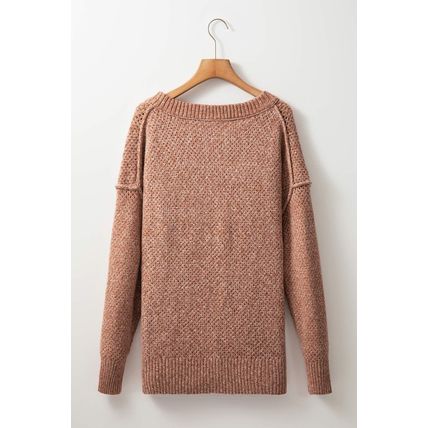 Dark Brown Loose Eyelet V Neck Drop Shoulder Sweater