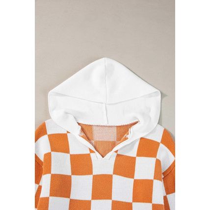 Gold Flame Checkered Split Neck Contrast Kangaroo Pocket Hooded Sweater