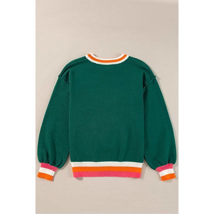 Blackish Green Colorblock Striped Trim Drop Shoulder Sweater