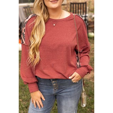 Redwood Burl Aztec Patchwork Drop Shoulder Plus Size High Low Sweatshirt