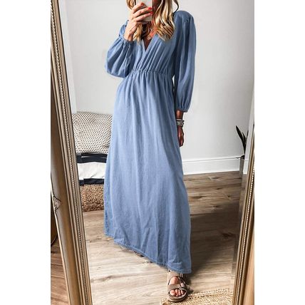 Myosotis Chambray Deep V Neck Bracelet Sleeve Maxi Dress