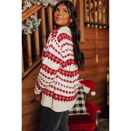 White Western Geometric Patterned Crew Neck Loose Sweater