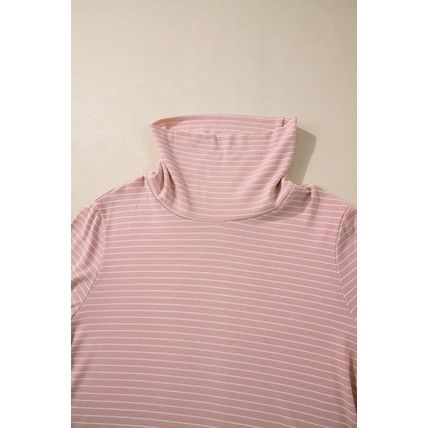 Pink Stripe Cowl Neck Side Slits Loose Fit Long Sleeve Top