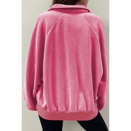 Pink Solid Snap Buttons Collared Balloon Sleeve Oversized Sweatshirt