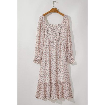 White Floral Print Shirred Ruffled Hem Square Neck Midi Dress