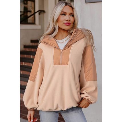 Light French Beige Colorblock Patchwork Half Zip Oversized Sherpa Hoodie