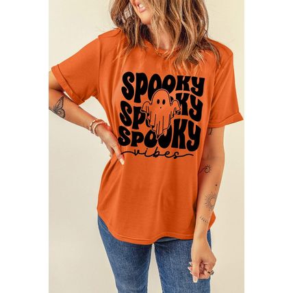 Orange SPOOKY Vibe Ghost Print Crewneck Halloween T Shirt