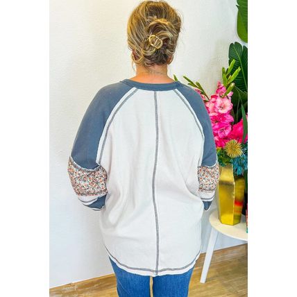 White Floral Patchwork Waffle Knit Raglan Top