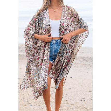 Apricot Floral Print Short Wide Sleeve Open Front Loose Kimono