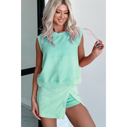 Mint Green 2 Pieces Mineral Wash Cotton Tank Top Lined Split Skirt Set