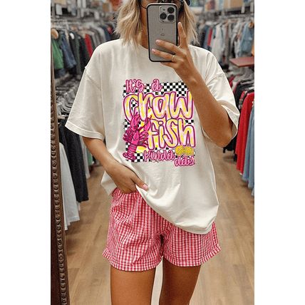 White Crawfish Checkered Pattern Graphic Tee