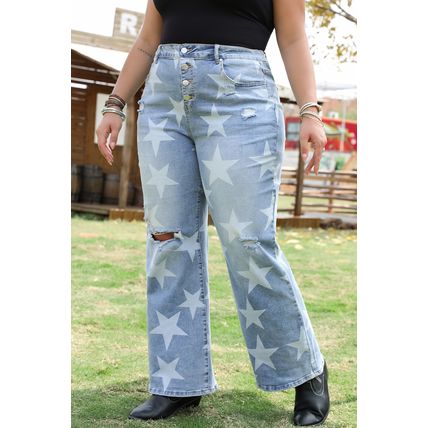 Sky Blue Star Printed Multi Buttons Slit Knee Destroyed Plus Size Jeans