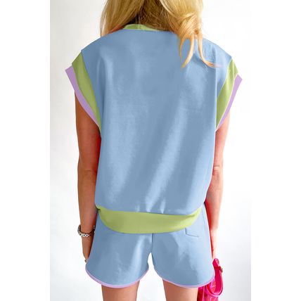 Blue Sequin Happy Easter Graphic Contrast Trim Short Set