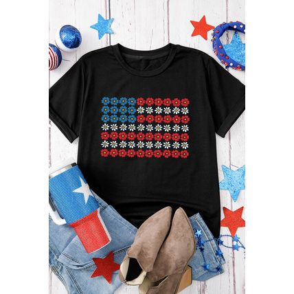 Black Cute Flowers Make Up American Flag Trendy Graphic T Shirt
