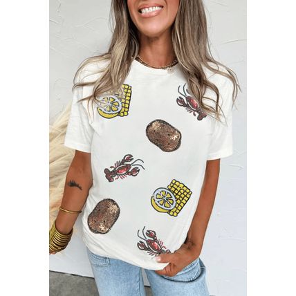 White Sequin Crawfish Potato Lemon Corn Graphic Crewneck T Shirt