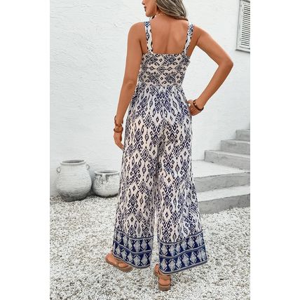 Blue Boho Geometric Print Shirred High Waist Wide Leg Jumpsuit