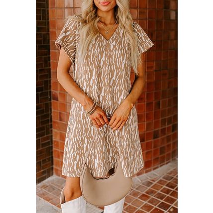 Khaki Abstract Print V Neck Short Sleeve Shift T Shirt Dress