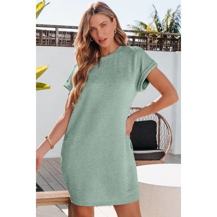Grass Green Solid Color Textured Crinkle Short Sleeve T Shirt Dress