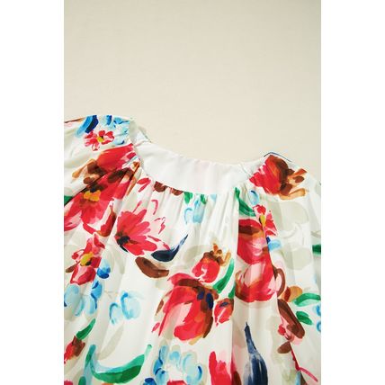 White Floral Print Puffy Half Sleeve Blouse