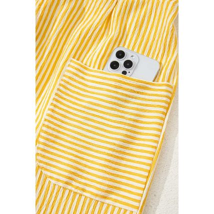 Yellow Stripe Shoulder Tie Smocked Back Wide Leg Casual Romper