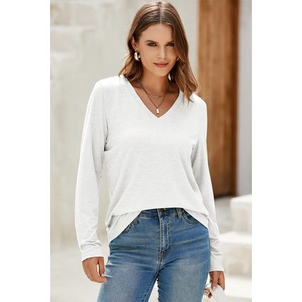 White Solid Color V Neck Long Sleeve Stretchy Top
