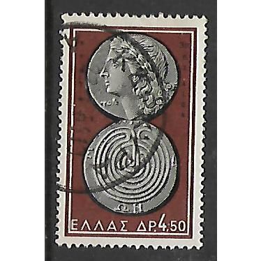 GREECE 1963 OLD GREEK COINS 4d.50 BROWN SG 915 FINE USED#2