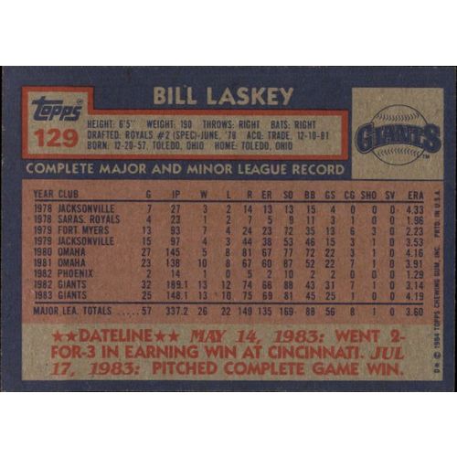 1984 Topps Bill Laskey #129