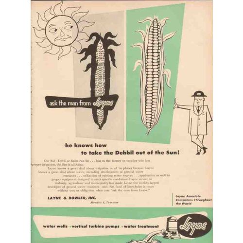 LAYNE BOWLER INC 1955 man Debbil sun water well oil gas vintage ad