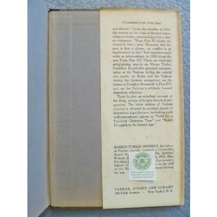 VATICAN JOURNAL 1921-1954 by ANNE O'HARE McCORMICK 1957 1st FIRST EDITION HCDJ