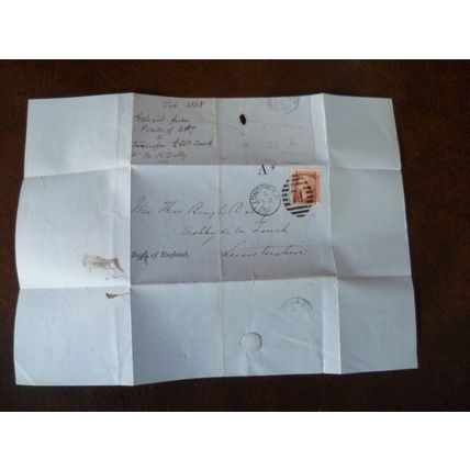 1865 GB QV 1d Red stamp JN Plate No 71 Bank of England Duplex 74 entire Dalby