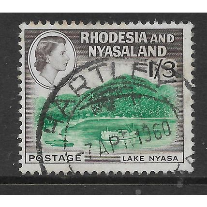RHODESIA & NYASALAND 1959 LAKE NYASA 1s.3d EMERALD & DEEP CHOC SG 26 FINE USED