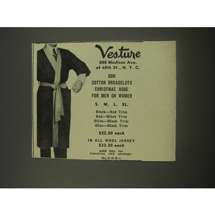 1956 Vesture Robe Ad - Our cotton broadcloth Christmas robe for men or women