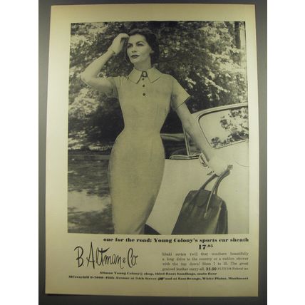 1956 B. Altman & Co. Fashion Ad - One for the road: sports car sheath