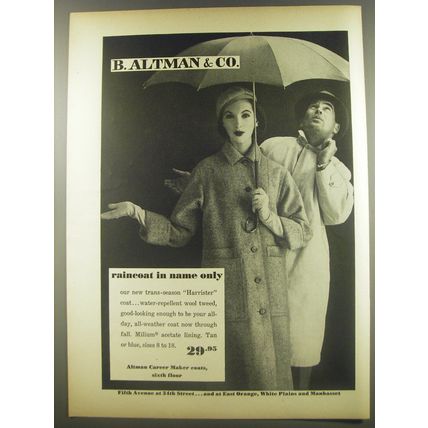 1956 B. Altman & Co. Harrister Coat Ad - Raincoat in name only
