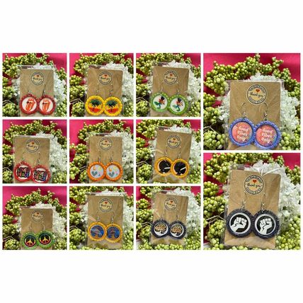 Green Floral Bottle Cap Retro 60's Dangle Fish-hook Earrings Handcrafted