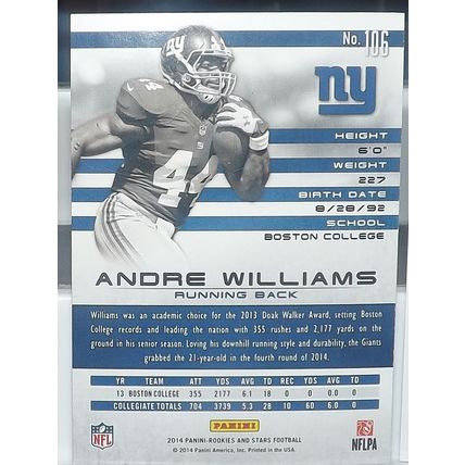 2014 Panini Rookies & Stars ANDRE WILLIAMS (Giants) Rookie Card #106
