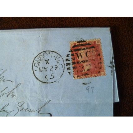 1865 GB QV 1d Red stamp CR Plate 97 entire Fisher Solicitors Ashby de la Zouch