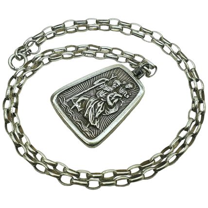 Vintage Charles Horner 925 Sterling Silver Large St Christopher Pendant Necklace
