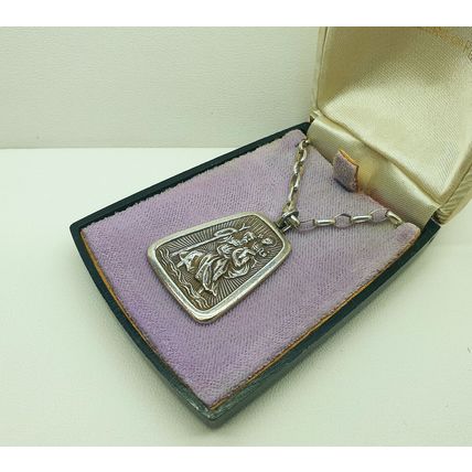 Vintage Charles Horner 925 Sterling Silver Large St Christopher Pendant Necklace