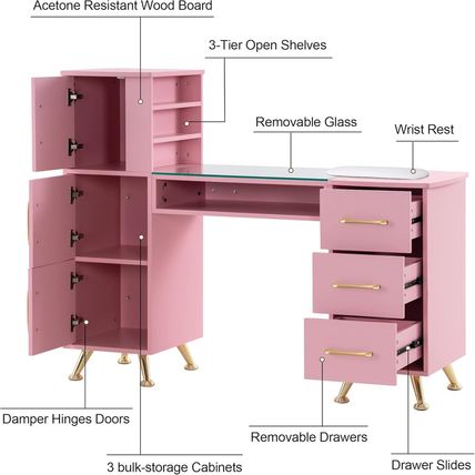 Barberpub Manicure Table, Nail Makeup Desk with Drawers, Storage Beauty Salon Wo