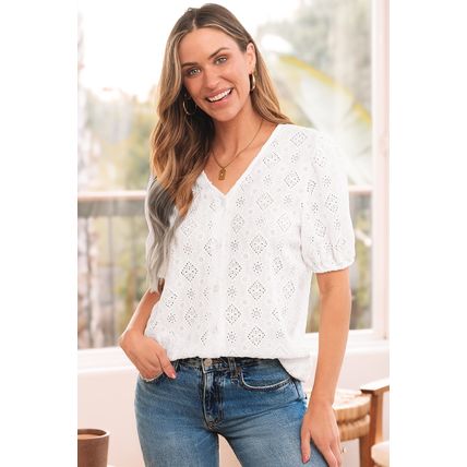 White Lace Puff Sleeve V Neck Button Up Shirt