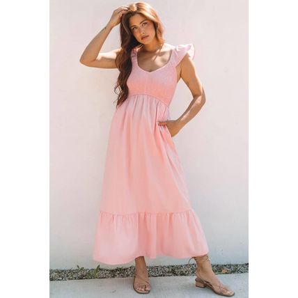 Pink V Neck Flutter Sleeve Smocked Bodice High Waist Ruffle Maxi Dress