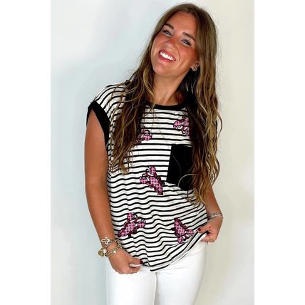 Black Stripe Sequined Lobster Patched Pocket Casual Tank Top