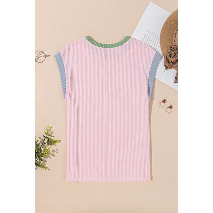 Pink Color Block Corded Knit Crew Neck Tee