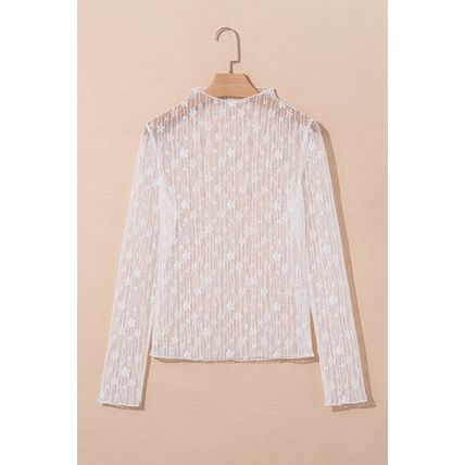 White Sheer Floral Lace Long Sleeve Slim Fit Top