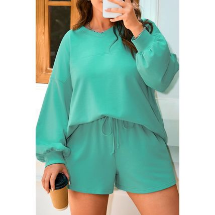 Sea Green Drop Shoulder V Neck Pullover Top and Drawstring Short Plus Size Set