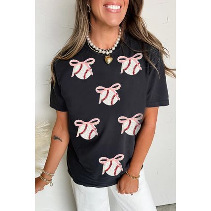 Black Shimmering Sequin Bow Ball Patterned Game Day Casual Tee