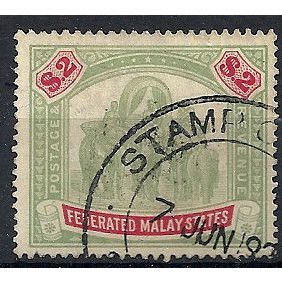 Federated Malay States 1907 SG49 $2 Green & Carmine Wmk M Crown CA Fine Used ..